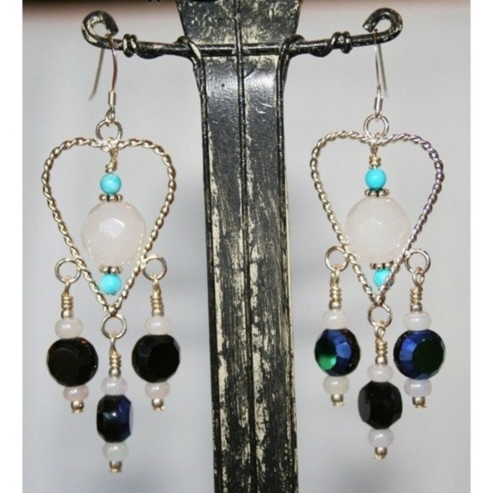 Hand made earrings Silver plated heart shape with Celestial crystal